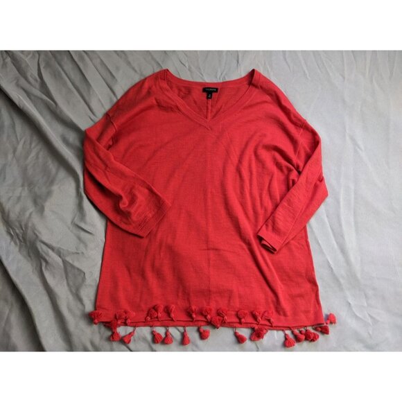 Talbots Sweater Red V Neck Lightweight Tassle Hem Cotton Womens Size M - Picture 1 of 8